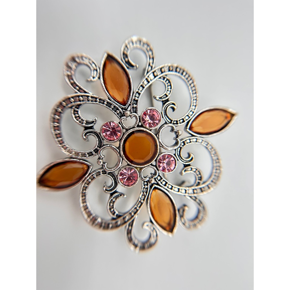 VTG Brooch Pin Womens OS Amber Pink Good Vintage Filigree Starburst